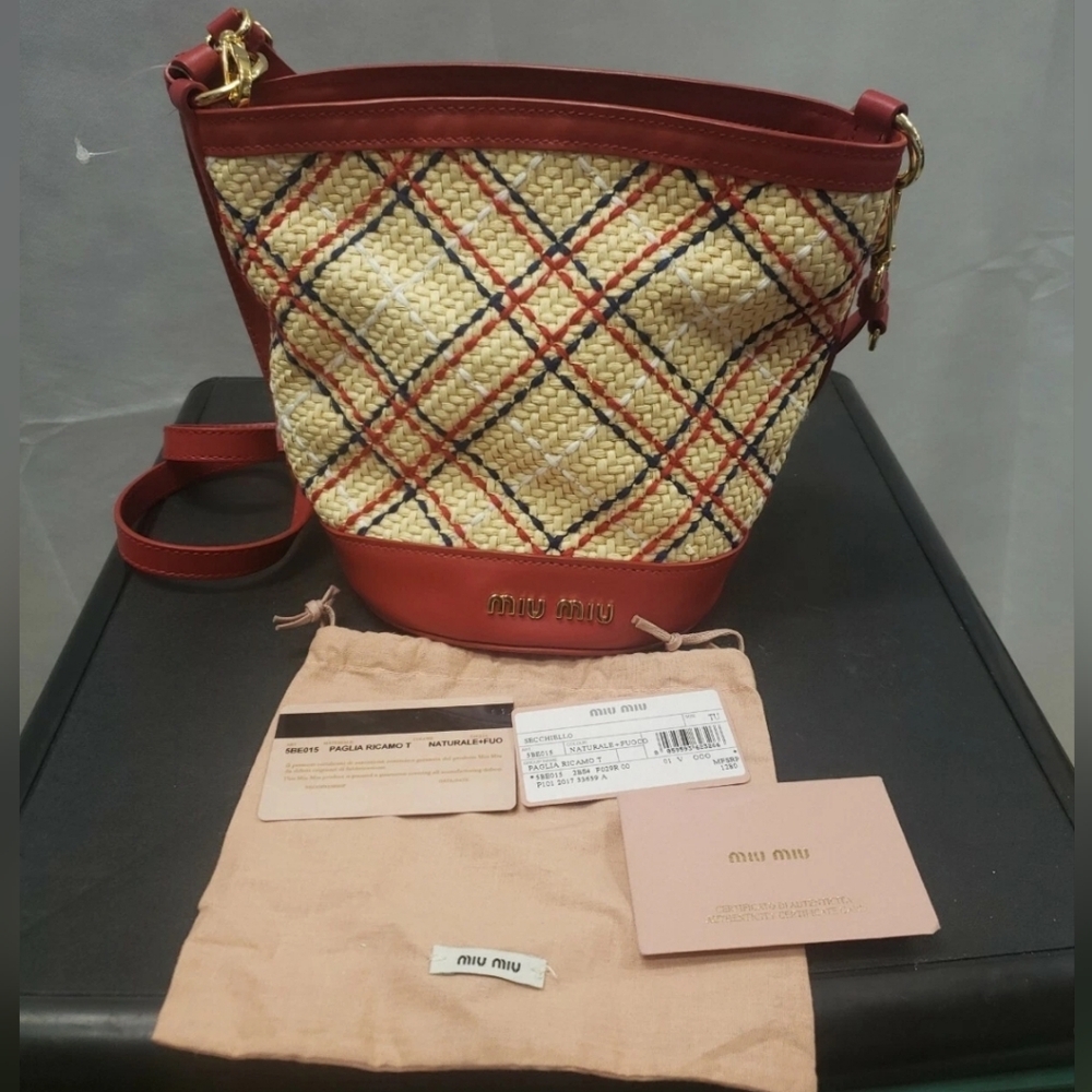 Authentic Miu Miu Red Paglia Ricamo Tartan Bucket Bag Resort